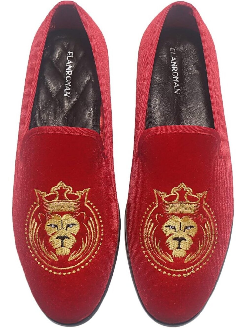 ELANROMAN Men's Red Velvet Loafers Embroidered Lion Crown Formal Party Shoes
